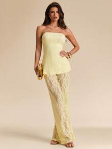 SHEIN x Tata & Beatriz SHEIN BAE 女士黄色蕾丝吊带背心和蕾丝薄纱裤两件套，黄色蕾丝优雅休闲度假装 - 黃色 - 查看 6