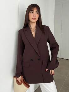 Hitanina Women's Business Style Solid Color Double-Breasted Blazer Jacket For Commuting, Autumn  - Coffee Brown - View 6
