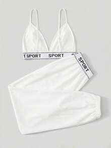 SHEIN EZwear 白色女士休闲运动针织裤套装，春夏女士夏季套装 白色配套两件套 女士运动套装 白色套装 女士夏季套装 棉质套装 女士两件套 女士夏季套装 女士夏季套装 - 白色 - 查看 2