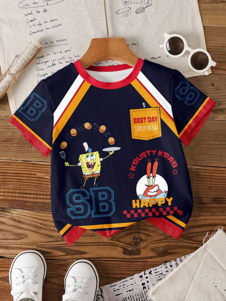 SpongeBob SquarePants | SHEIN 男童休闲圆领卡通字母印花短袖T恤，百搭日常穿着 - 白色 - 查看 1