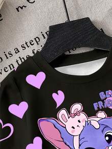 女婴休闲舒适圆领短袖T恤，饰有可爱的卡通蓝色兔子图案和爱心印花，适合春夏穿着，轻薄透气，时尚休闲，适合户外活动、上学、聚会等场合，也是一份贴心的礼物。 - 彩色 - 查看 3