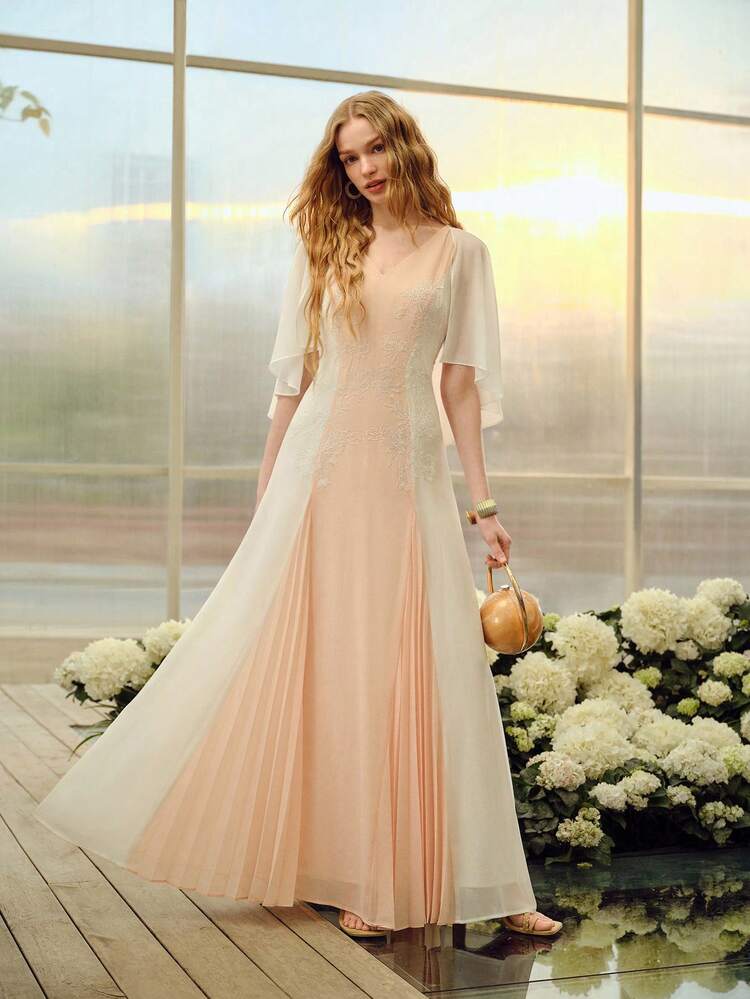 COLORBLOCK CONTRAST MESH APPLIQUE RUFFLE SLEEVE V-NECK DRESS, SPRING/SUMMER