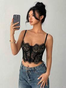 Aloruh Damen Spitzen-Trägerhemd Sexy Schwarzes Trägershirt - Schwarz - Übersicht 8