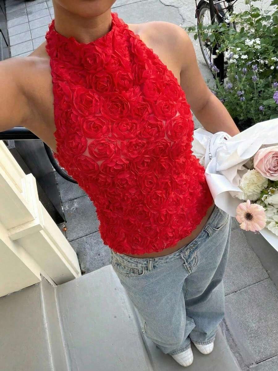 Firerie Áo kiểu dáng thanh lịch, năng động, cổ điển, hiện đại, không tay, cổ yếm, hở lưng, đính nơ, màu đen, phù hợp cho công sở, mùa xuân/hè. - Màu Đỏ Sâu - Xem 1