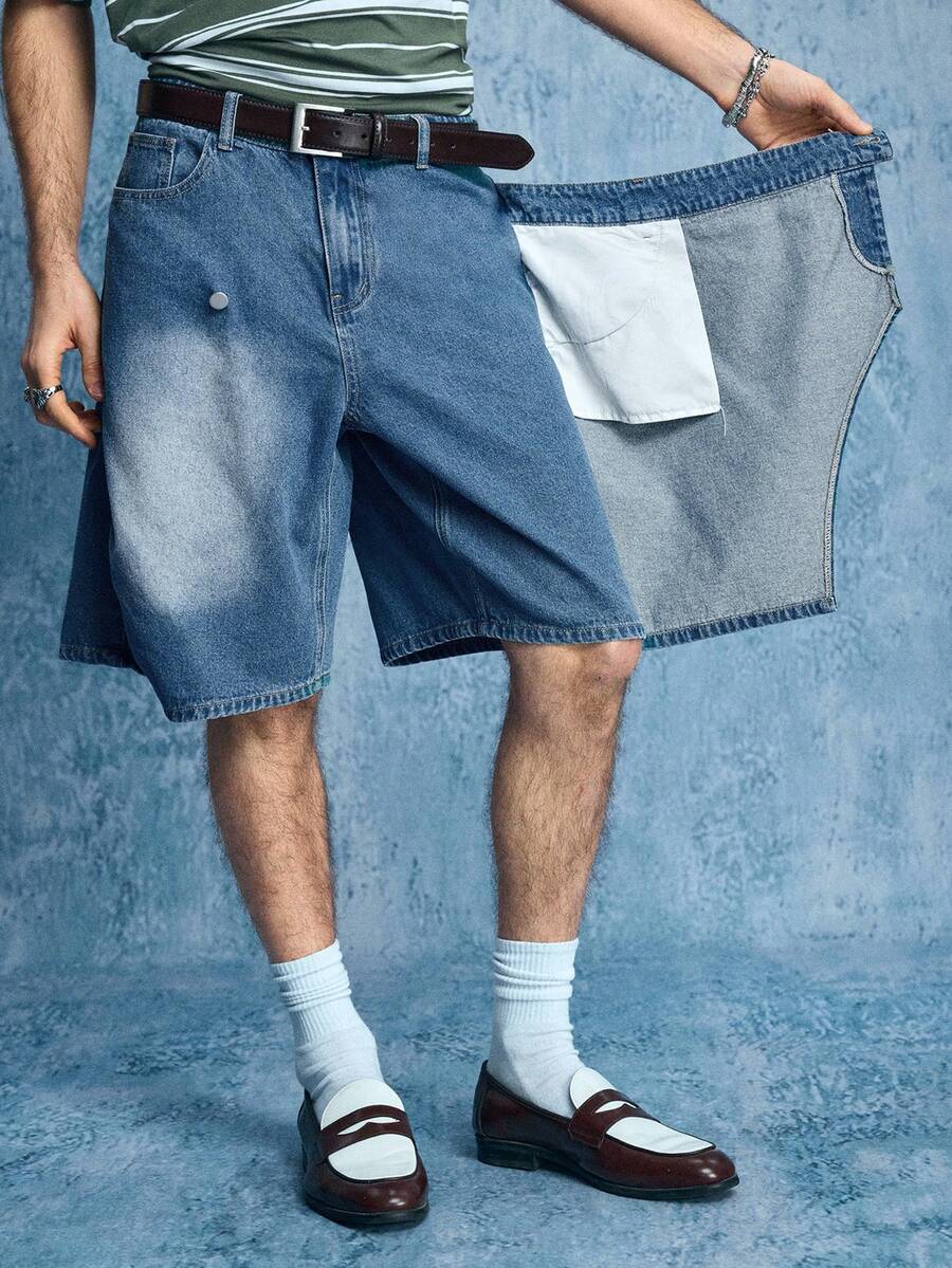 ROMWE MEN Street Life Men's Distressed Washed Denim Shorts - Blue - View 1