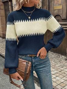 EURMUSE Turtleneck Lantern Sleeve Colorblock Knit Sweater - Multicolor - View 4