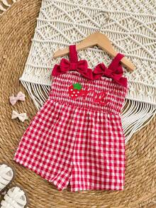 SHEIN LMoss Kids 女婴可爱休闲红白格子草莓图案蝴蝶结装饰连体衣 - 彩色 - 查看 4