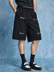 ROMWE MEN Pantalones cortos casuales de hombre de unicolor con bolsillo plisado y botones a presión - Negro - Ver 1