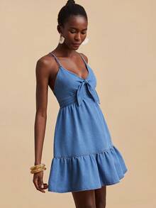 Travachic 女士时尚系带荷叶边下摆牛仔吊带裙 - 淺色水洗藍 - 查看 5