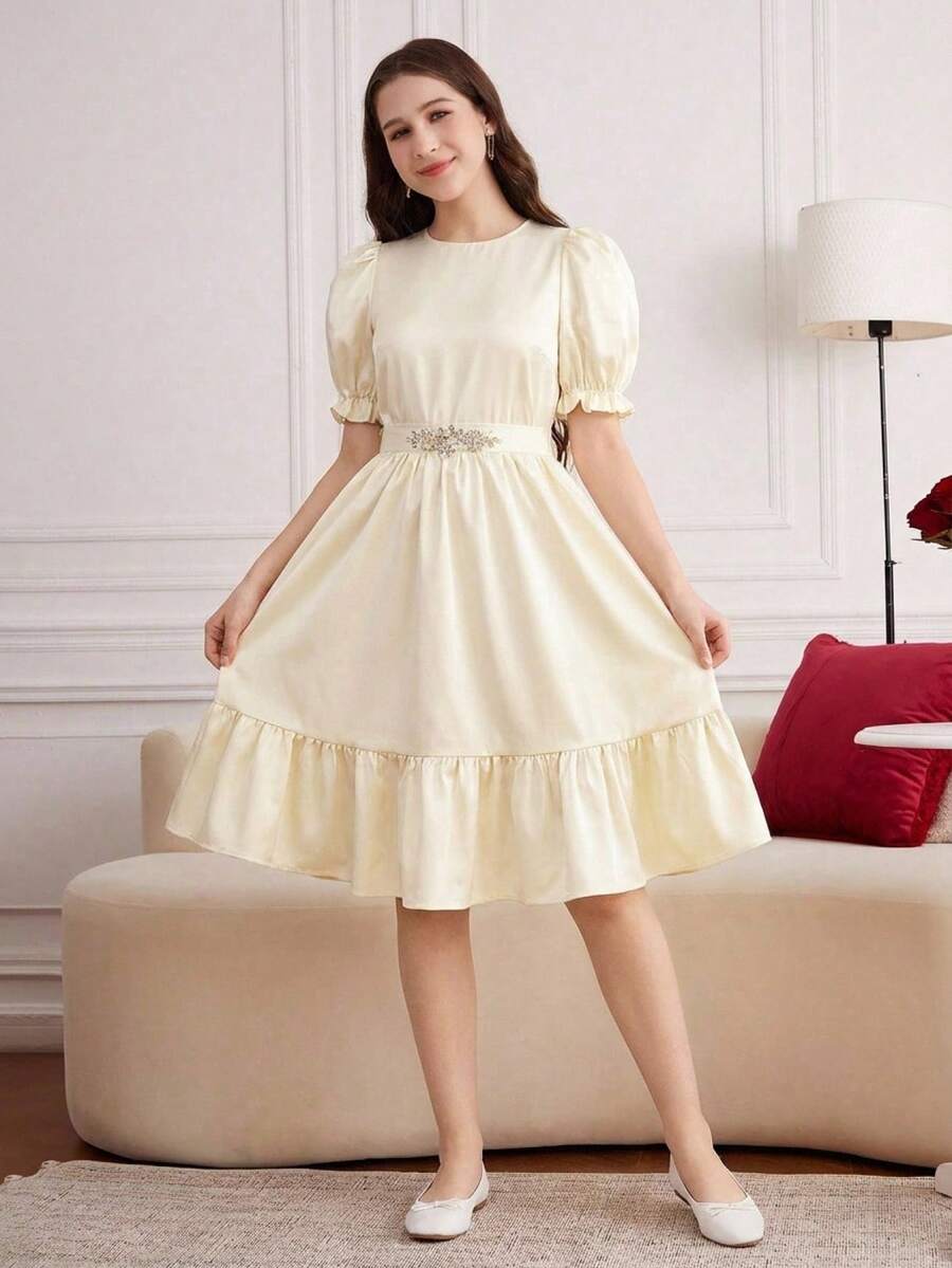 Teen Girl Spring/Summer Elegant Fitted Puff Short Sleeve Blouse & Delicate Rhinestone Patchwork Tiered Skirt Set, Apricot, Suitable For Wedding Season, Day Party, Gathering, KIDS - Apricot - View 1