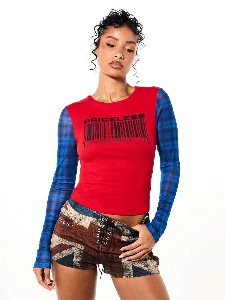 SUMWON WOMEN Contrast Check Barcode Print Long Sleeve Top