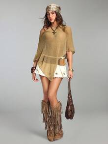 ROMWE Hippie Spring/Summer Loose Hollow-Out Knit Sweater For Women - Khaki - View 5