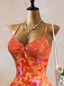 INAWLY Vacation Floral Patchwork Print Asymmetric Hem Bodycon Mini Cami Dress - Orange - View 4