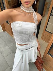 EastFlair Women's Floral Jacquard Snap Button Design Fashion Tube Top - White - View 3