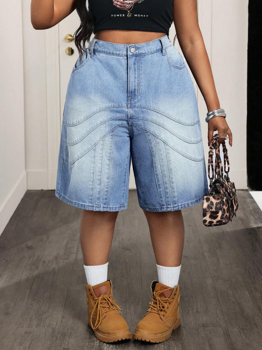 Slaydiva 大码夏季休闲街头水洗斜插口袋宽松牛仔裤 - 藍色 - 查看 1