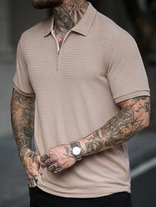 Manfinity CasualCool Men's Short Sleeve Textured Fabric Polo Shirt With Collar And Zipper, Suitable For Outings And Office Wear - Khaki - View 3