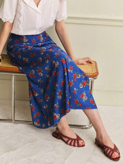 Écloséra Summer Blue Floral Skirt New Spring Summer Floral Skirt Shrinking Waist To Look Thin Women's Half Skirt Women's Summer Wear Half Skirt Women's Beach Wear Half Skirt French Retro Fish Tail Skirt Half Skirt
