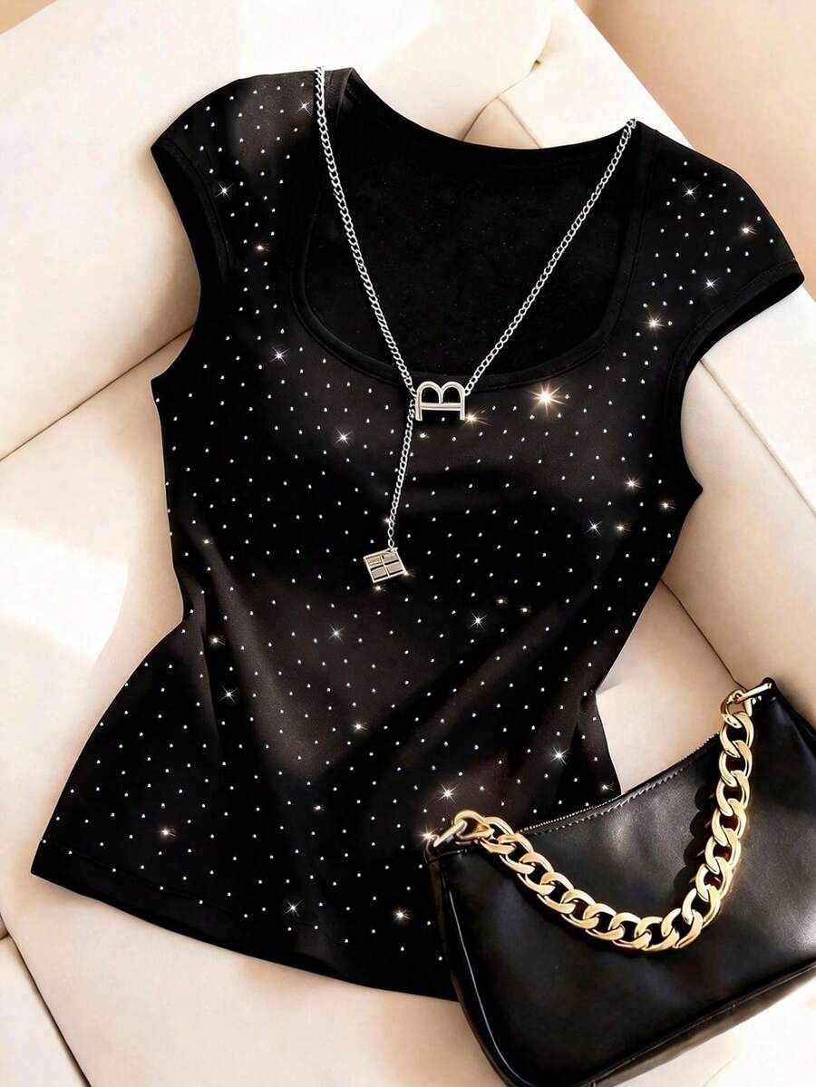 Resyla Shiny Rhinestone Embellished Minimalist Round Neck T-Shirt, A Great Gift For Friends - Black - View 1