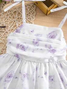 SHEIN 女婴优雅可爱白色碎花吊带荷叶边连衣裙 - 白色 - 查看 8