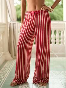 Swim Chiccia 1pc Women Hollow Striped Tie-Front Knit Swimsuit Cover-Up - Red - View 1