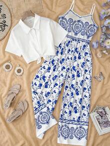 SHEIN Set da 2 pezzi per ragazze adolescenti, composto da una camicia bianca basic con nodo davanti e un tuta con scollo a V e stampa tropicale floreale, adatto per primavera/estate, casual, vacanze, spiaggia, pranzi fuori, campagna - Blu e Bianco - Visualizzare 3