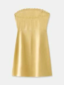 lacRébo 奶油黄亚麻混纺无肩带迷你连衣裙，扇形下摆，女士短款连衣裙，度假连衣裙，夏季连衣裙，返校连衣裙，春夏连衣裙，法式巴黎风情 - 黃色 - 查看 9