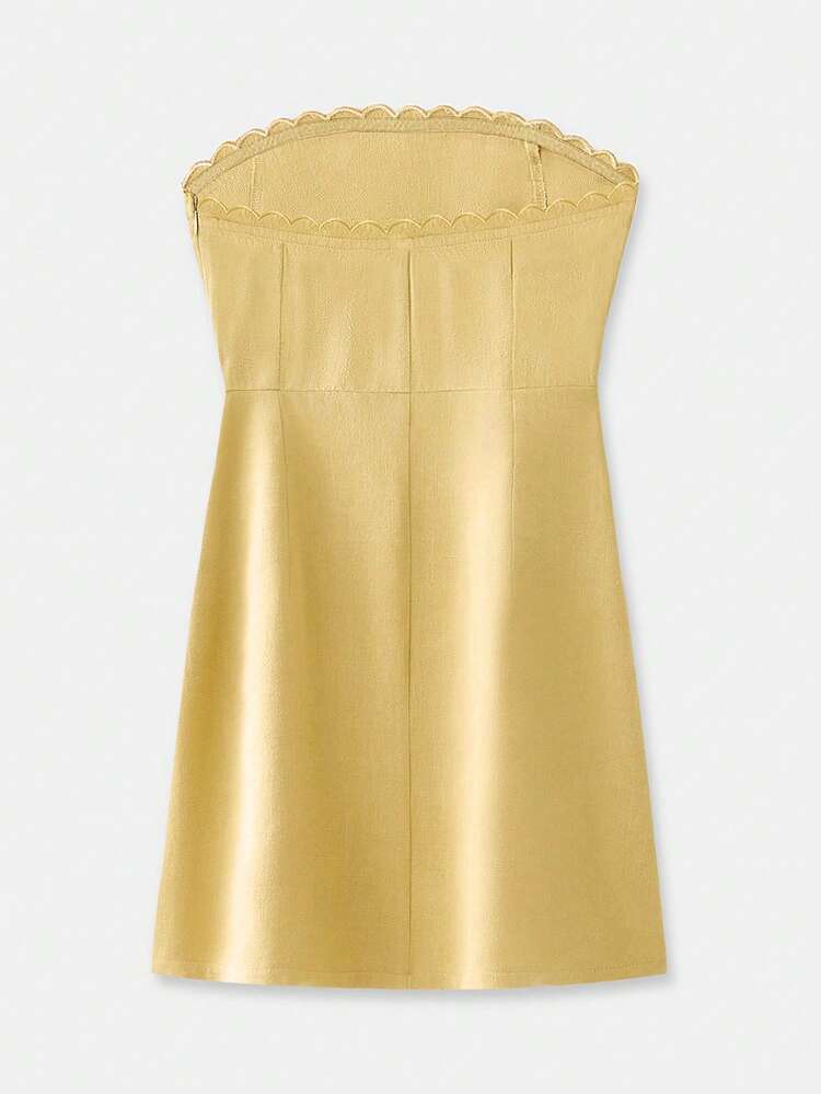 Butter Yellow Linen Blend Strapless Mini Dress With Scalloped Hem Women Short Dresses Vacation Dresses Summer Dress Back To School Dress Spring Summer French Style Parisian Style