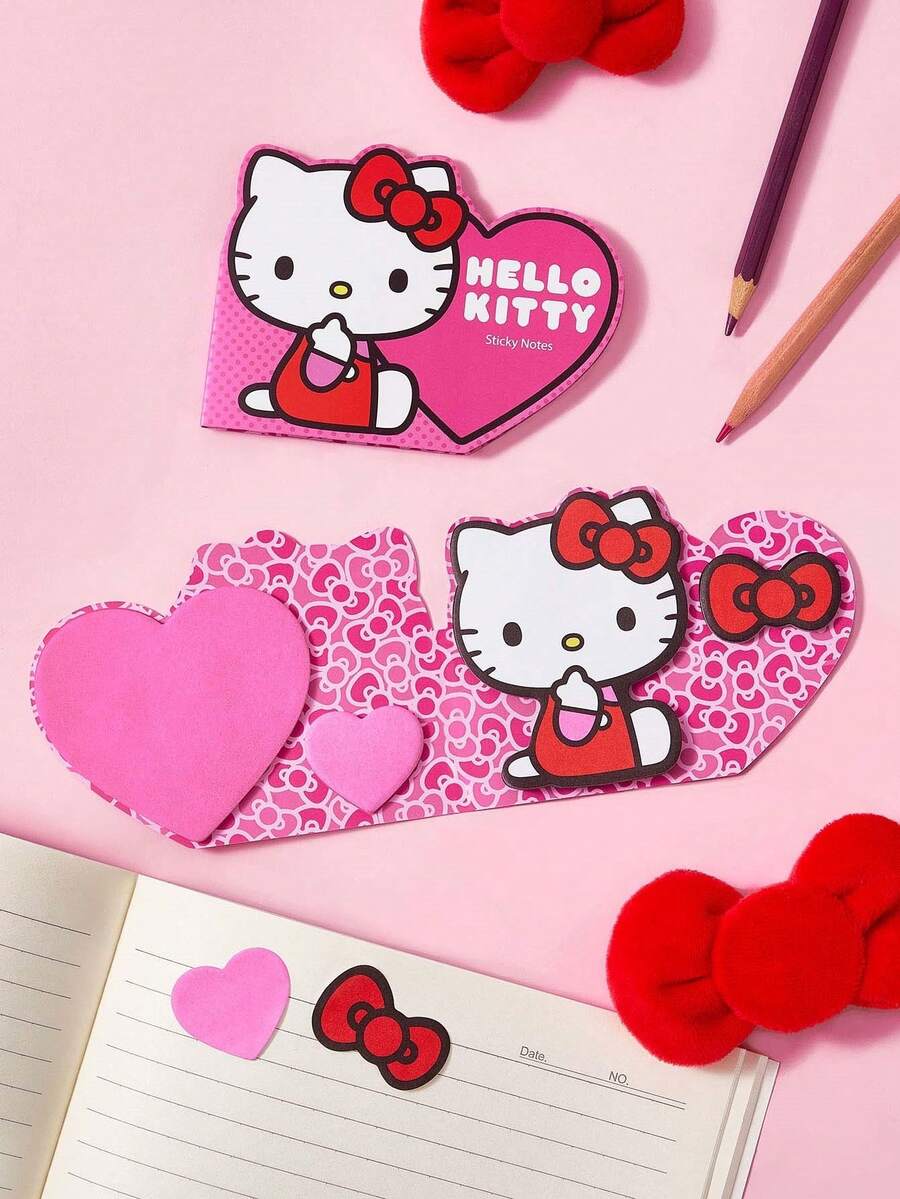 HELLO KITTY AND FRIENDS | SHEIN 爱心便签，可爱卡通备忘录，创意留言便签，爱心，吻，心形 - 粉色 - 查看 1
