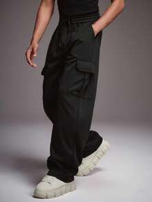 STYNVO 加大码男士抽绳腰带口袋休闲宽松运动裤，适合日常穿着 - 黑色 - 查看 5