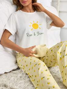 SHEIN Mediterranean Chic: 'Rise & Shine' Sun Graphic Tee & Allover Lemon Print Wide-Leg Pajama Set - Yellow - View 4