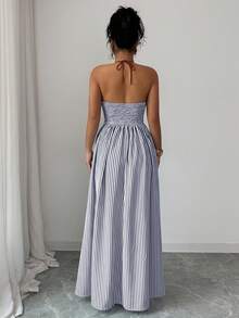 Elenzga Vestido casual de verano para mujer con tirantes y espalda descubierta a rayas - azul real - Ver 2