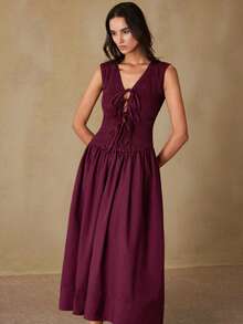 Aveloria Revavyn Vestido largo elegante con cuello en V profundo, cintura fruncida y anudada, adecuado para fiestas y eventos - Burdeos - Ver 6