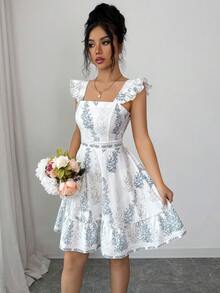 SHEIN Elenzya 女士蝴蝶结露背腰带A字连衣裙，魅力优雅假日休闲甜美可爱通勤海滩海岛性感时尚约会法式街头复古百搭春夏蓝白新款喇叭袖连衣裙 - 彩色 - 查看 7