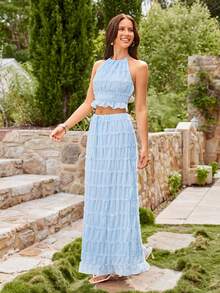 KARISMINA Bộ đồ 2 mảnh jacquard thanh lịch, gợi cảm, thường ngày, lãng mạn dành cho nữ, thích hợp cho kỳ nghỉ xuân/hè. - Màu xanh nhạt - Xem 12