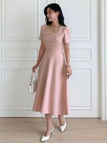 DAZY Women's Square Neck Waist Cinched Mesh Patchwork Mid-Length Dress - Pink - View 6