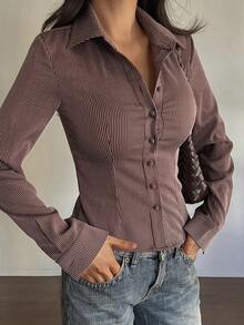 DAZY Women's Striped Long Sleeve Single-Breasted Casual/Work Shirt - Brown - View 4