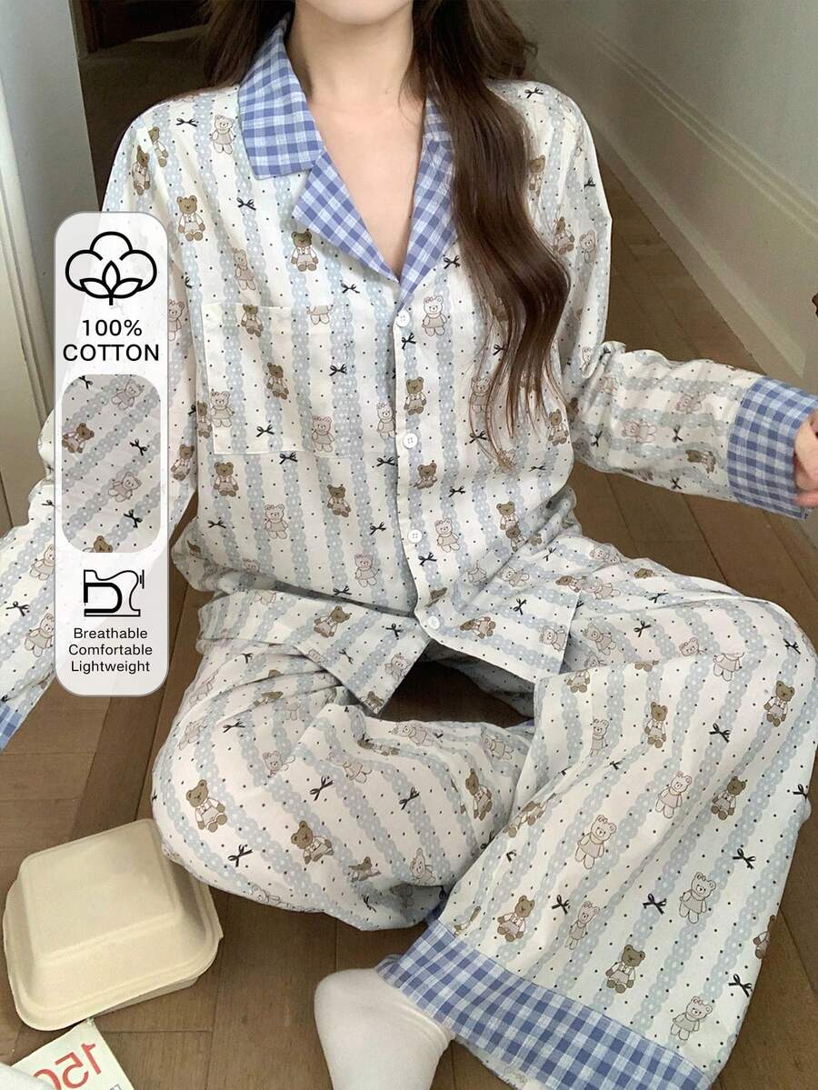 DAZY 2pcs Women Plaid Patchwork Cute Bear & Polka Dot Pattern Loose Cardigan Long Sleeve & Straight Leg Long Pajama Pants Set, Spring - Blue - View 1