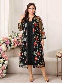 Reflora 大码优雅派对花卉刺绣网纱外套连衣裙两件套 - 彩色 - 查看 9