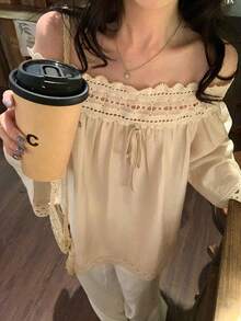 DAZY Women's Casual Off-Shoulder Blouse With Lace Trim, Loose Fit, 3/4 Sleeve, Suitable For Spring And Summer - Apricot - View 1