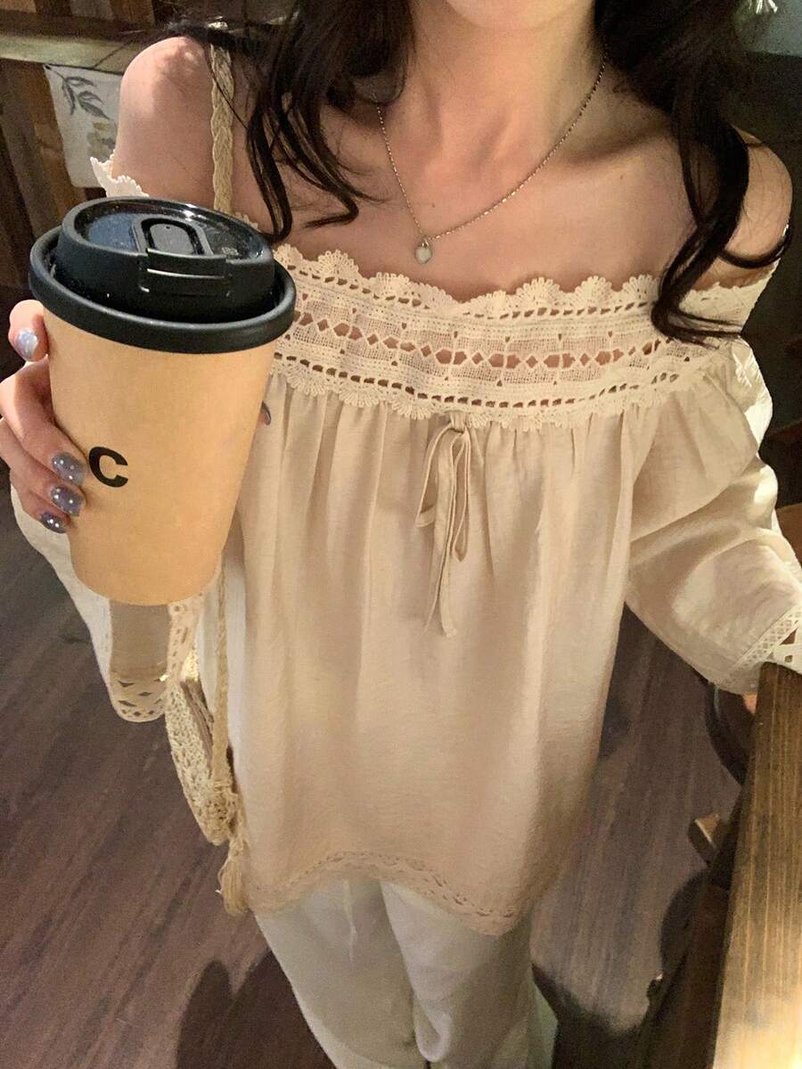 DAZY Women's Casual Off-Shoulder Blouse With Lace Trim, Loose Fit, 3/4 Sleeve, Suitable For Spring And Summer - Apricot - View 1