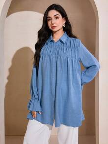 Graceveil 优雅女士荷叶边宽松休闲长袖衬衫，甜美百搭 - 藍色 - 查看 4