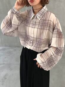 FRIFUL 女士条纹落肩长袖宽松休闲衬衫 - 米色 - 查看 6