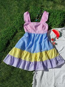 Sweetra Vestido midi de manga corta con parches de cuadros de talla grande y colorido - Multicolor - Ver 5
