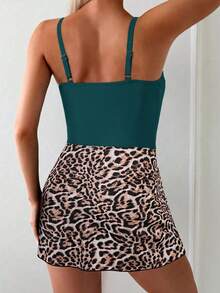 Swim Lushoire 女士豹纹拼接连体泳衣，度假/海滩 - 軍綠色 - 查看 2