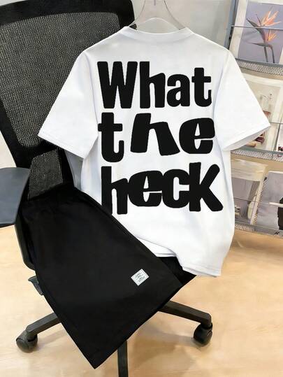 2pcs/Set Teenager Boys' Spring/Summer Short Sleeve T-Shirt And Shorts, Black & White Contrast Color, "What The Heck" Print Casual Street Style Outfit, Suitable For Daily, School, Commute