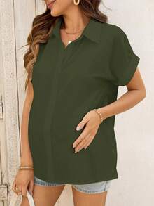 SHEIN Maternity Solid Color Short Sleeve Front Button Casual Shirt For Summer - Army Green - View 5