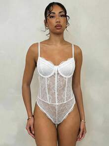 Glamine 女士时尚性感撞色蕾丝连体衣，夏季 - 白色 - 查看 5