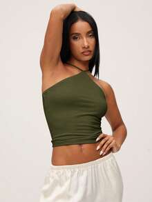 SHEIN BASICS 女士纯色褶皱吊带休闲百搭日常背心 - 軍綠色 - 查看 5