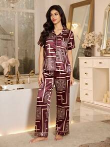 Women's Elegant Geometric Totem Retro Print Faux Silk Cardigan Short Sleeve Pajama Set - Multicolor - View 4