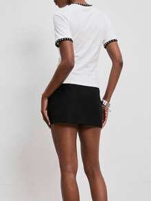 ATUI Studio 女士圆领仿珍珠装饰修身休闲/工作短袖衬衫 - 白色 - 查看 2